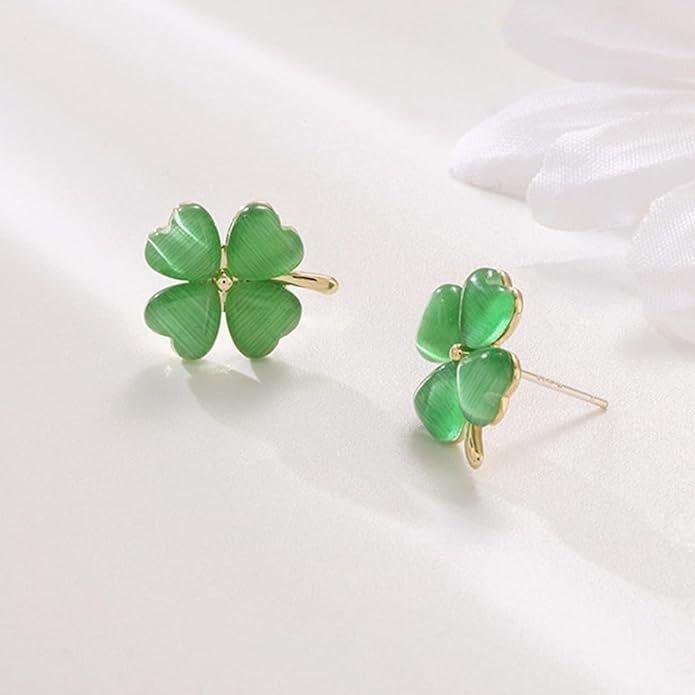 Green Cat Eye's Clover Flower Earrings for Women Girls 925 Sterling Silver Post Pin Hypoallergenic Lucky Love Heart 4 Leaf Petal Small Cute Studs Earring Dainty Gifts for Mother Sister Aunt