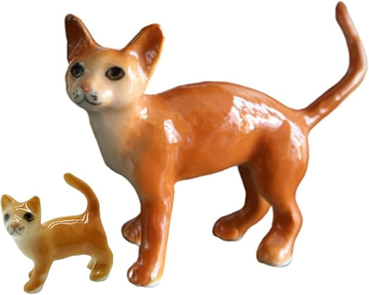 Ceramic Burmese Cat Mom and Baby Kitten Figurine Pet Kitty Porcelain Collectible Miniatures Dollhouse Hand Painted Animal Red Brown, 2.1 x 0.9 x 2 inches (L-W-H)