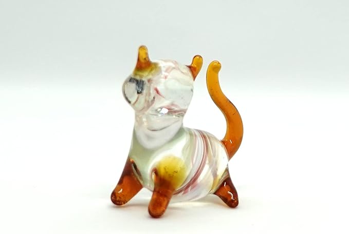 Cat Tiny Figurines Blown Glass Art Animals Hand Painted Collectible Gift Decorate (Multi-Amber)