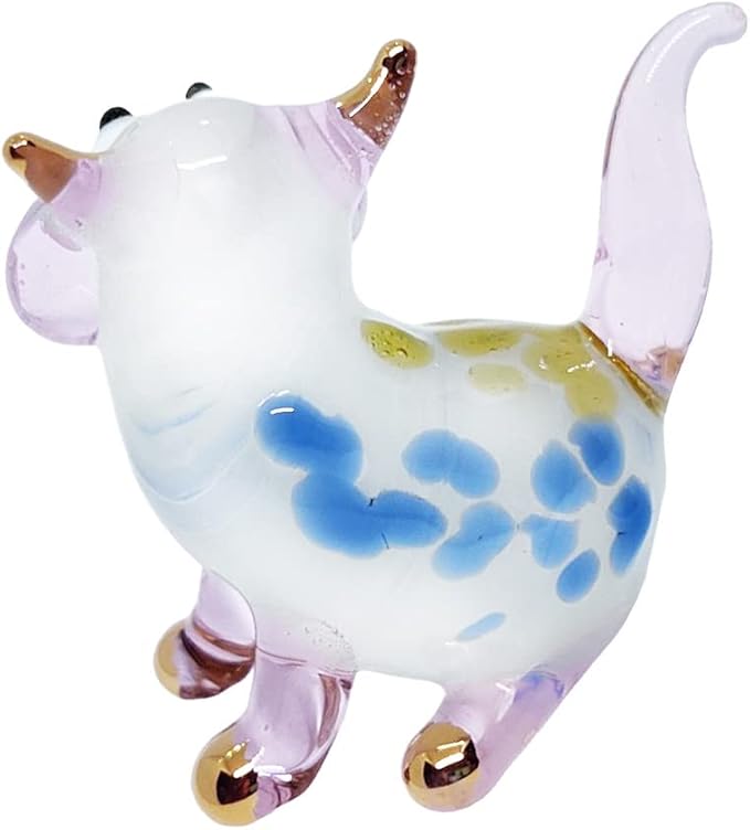 Tiny 1½" White Pink Yellow Blue Sitting Look Right Cat Figurine Miniature Hand Blown Glass Cats Kitten Feline Animals Cute Crystal Decorative Collectible Figurines Décor Gifts