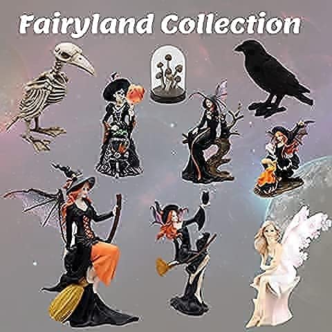 Comfy Hour Fairyland Collection 9-inch Dark Fairy Witch on Magic Broom with Black Cat Figure and 7-inch Black Feather Standing Crow Bird Halloween Decorative Figurine, Polyresin, Bundle of 2