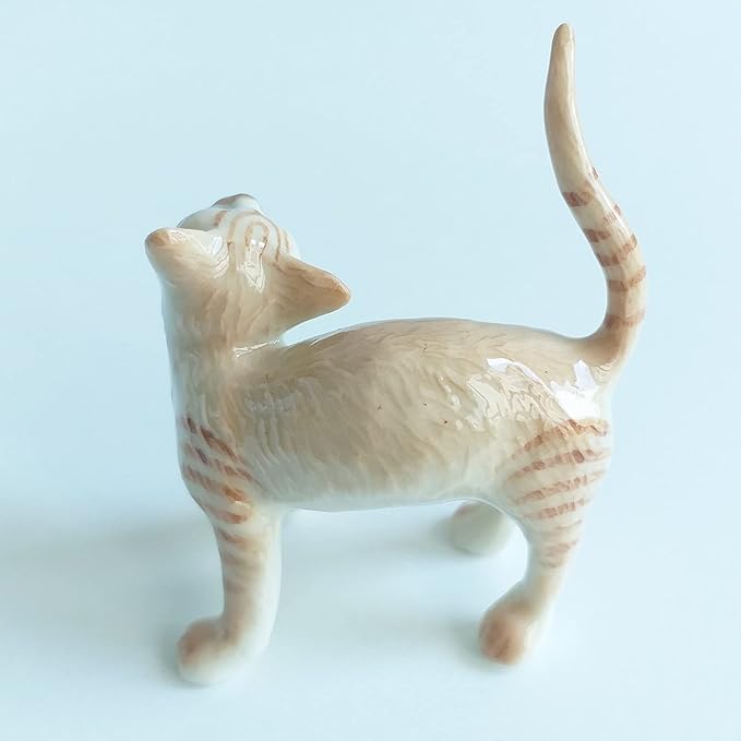 Cat Porcelain Figurine Ceramic Stretching Kitten Small Pet Kitty Collectible Miniature Dollhouse Hand Painted Animal Interested Feeling Gift Decor Calico Brown Tabby, 2.5 x 1 x 2 in (W-L-H)