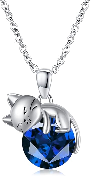 LONAGO Cat Necklace with Birthstone 925 Sterling Silver Cat Pendant Necklace Gift for Women