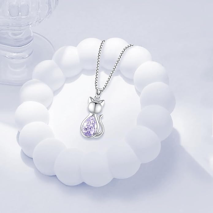 Odinstone Cat Birthstone Necklaces Jewelry Sterling Silver Cat Pendant Necklace Gift for Women Gifts, 18'' Silver Box Chain Women's Birthstone Crystal Cat Jewelry Gifts