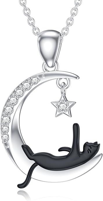 Diamond Moon and Cat Necklace for Women 925 Sterling Silver Black Cat on the Moon Pendant with Lab Grown Diamonds Jewelry Gifts