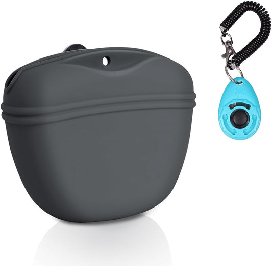 Left&Right Dog Clicker Training Kit,Silicone Dog Training Treat Pouch and Dog Clickers,Dog Treat Bag with Clicker Training for Dogs,Pet Treat Bag with Magnetic Buckle Closing and Waist Clip,Dark Grey