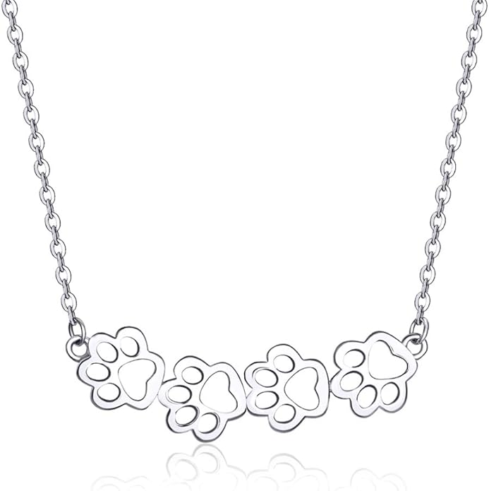 Cute Paw Necklace for Women Sterling Silver Puppy Dog Cat Kitten 4 Paw Print Pendant Choker Necklace Adjustable Chain 18" Pet Keepsake Minimalist Jewelry Box