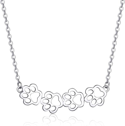 Cute Paw Necklace for Women Sterling Silver Puppy Dog Cat Kitten 4 Paw Print Pendant Choker Necklace Adjustable Chain 18" Pet Keepsake Minimalist Jewelry Box
