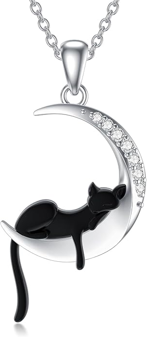 Diamond Black Cat/Red Panda/Sloth/Deer/Unicorn Necklace for Women 925 Sterling Silver Sleeping Animal and Moon Pendant with Lab Grown Diamonds Jewelry Gifts