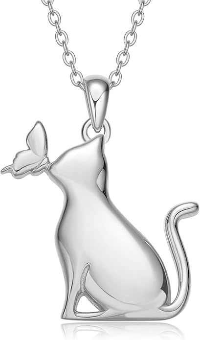 LONAGO Cat Necklace with Butterfly 925 Sterling Silver Cat Pendant Necklace Gift for Women