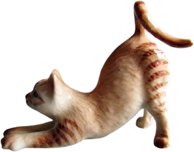 Ceramic Cat Figurine Porcelain Kitten Stretching Post Adorable Pet Kitty Collectible Miniature Hand Painted Animal Gift Decor Calico Brown Tabby