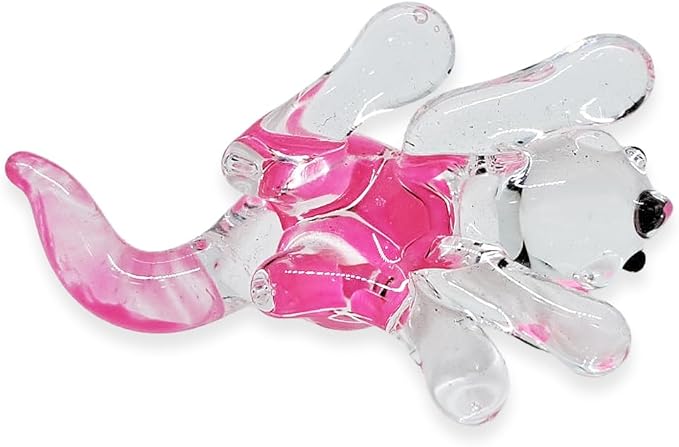 Tiny 1¾" Clear Pink Flowered Lying Prone Cat Figurine Miniature Hand Blown Glass Cats Kitten Feline Animals Cute Colorful Crystal Decorative Collectible Figurines Décor Gifts