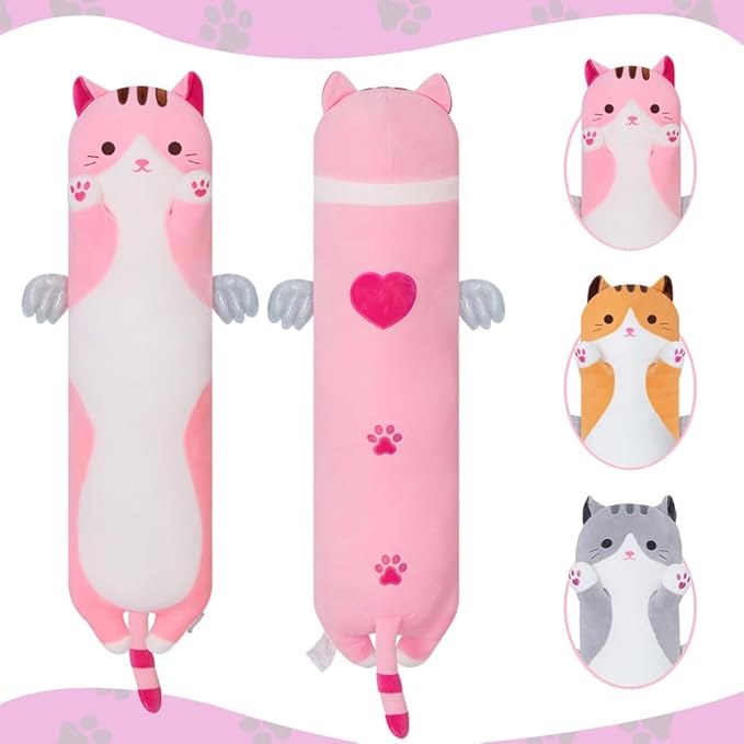 Long Cat Plush Body Pillow, Cute Cat Plush Toy Pillows with Wings, Stuffed Animals Kitten Soft Plushies Gifts for Kids Girls Girlfriend(Pink, 27.6in/70cm)