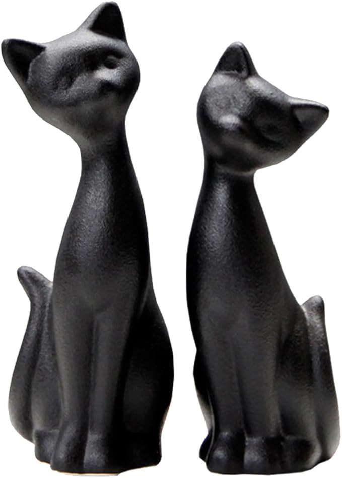 QIANLING 2Pcs Black Cat Statue, Home Decor Mini Cat Figurines, Room Decor Matt Ceramic Small Cat Figurine, Give Cat Figurines for Cat Lovers,Ideal for Interior Decoration Or Couples, Wedding Gifts
