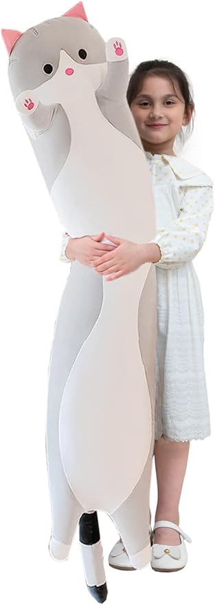 Giant Cat Pillow Plush Cartoon Kitty Sleeping Hugging Pillow, Cuddly Soft Long Kitten Body Pillow Doll Cat Cushion Toy for Kids Girlfriend (Gray, 110cm/43.3inch)