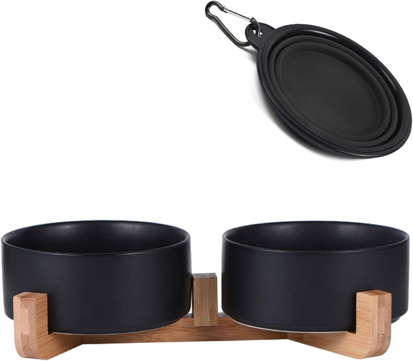 Petygooing Dog Bowls,Black Ceramic Cat Dog Bowl Set with Wood Stand for Food and Water,Non-Slip Cute Modern Pet Dish Set for Cats Small and Medium Dogs (28OZ/6.1 in)