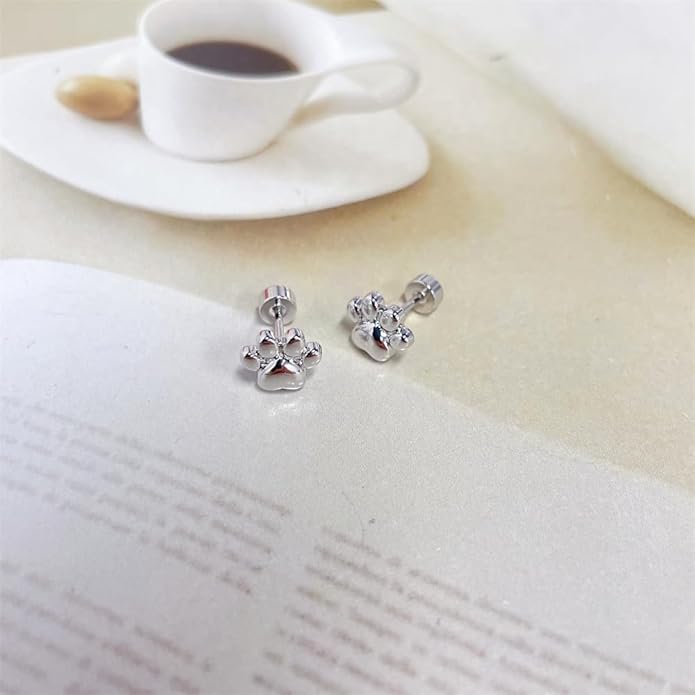Cute 20g Paw Dog Cat Print Screw Flat Back Small Stud Earrings for Women Teen Girls Simple Stainless Steel Silver Gold Plated Animal Cartilage Tragus Piercing Little Studs Hypoallergenic Fashion Jewelry Birthday Gift