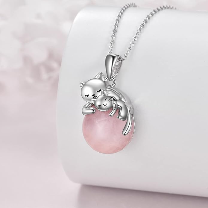 Cat Necklace Sterling Silver Cat Pendnat with Rose Quartz Pearl Jewelry Gifts for Women Cat Lovers