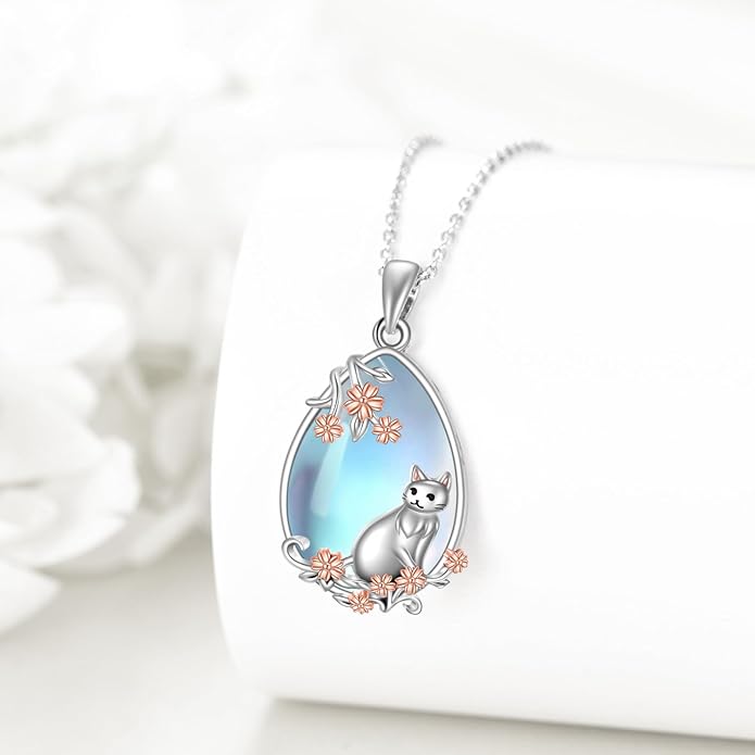 LUHE Moonstone Necklace 925 Sterling Silver Fox/Axolotl/Cat/Raccoon/Penguin/Frog/Panda/Highland Cow Pendant Necklace Animal Jewelry Gifts for Women