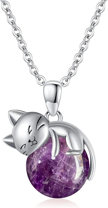 Natural Gemstone Cat Necklace for Women 925 Sterling Silver Cute Kitten Pendant with Genuine Turquoise/Rose Quartz/Amethyst/Larimar/Labradorite/Moss Agate/Blue Sandstone Jewelry Gifts