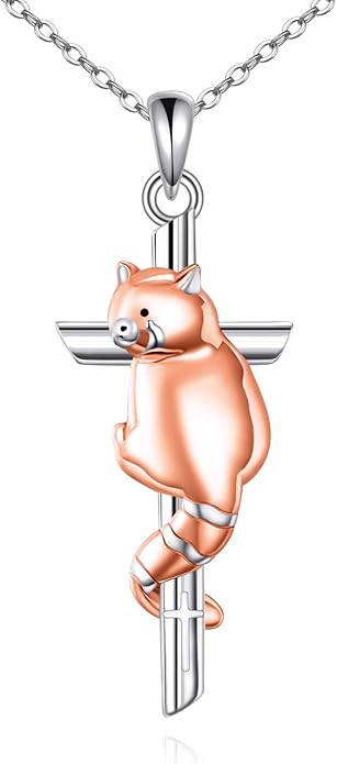 CRMAD Black Cat/Red Panda Cross Necklace for Women Sterling Silver Cross Necklace Animal Jewelry Gift for Women