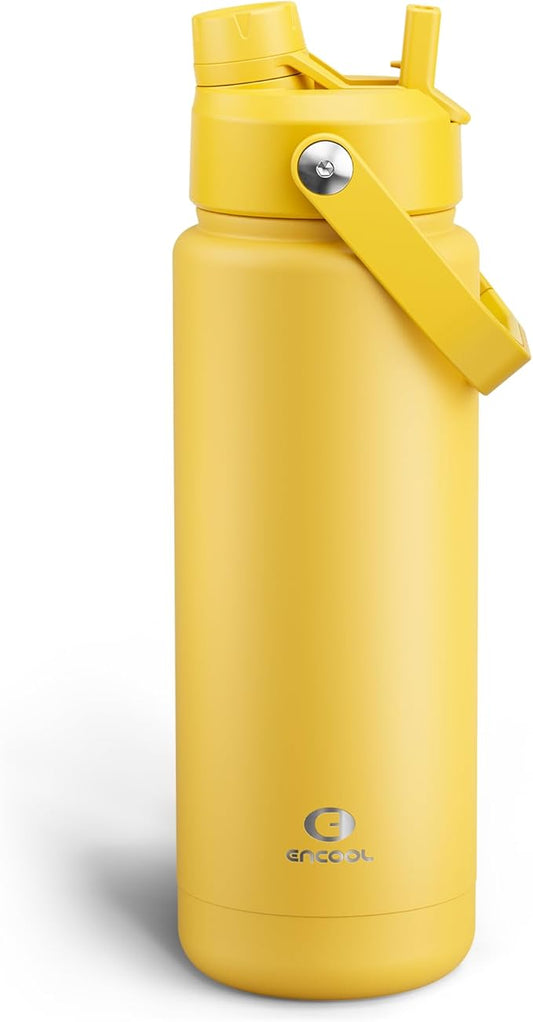 Insulated Water Bottle with Straw Stainless Steel Water Bottle, Leak-Proof, BPA-Free, Double Wall Vacuum Keeps Cold for 24 Hours for Sports, Travel, School (32 oz, Elfin Yellow)