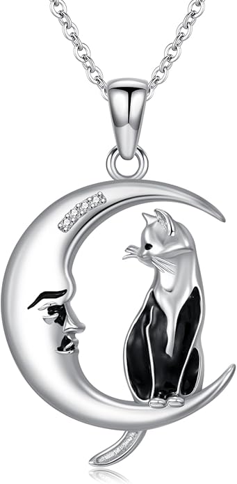Diamond Black Cat Necklace for Women 925 Sterling Silver Cat on Moon Necklace Pendant Black Cat Jewelry Gifts for Women Mom Wife Girlfriend Daughter Girls