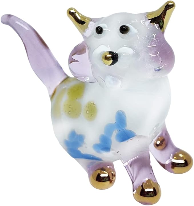 Tiny 1½" White Pink Yellow Blue Sitting Look Right Cat Figurine Miniature Hand Blown Glass Cats Kitten Feline Animals Cute Crystal Decorative Collectible Figurines Décor Gifts
