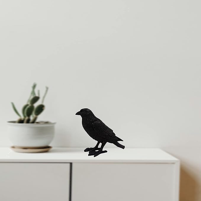 Comfy Hour Fairyland Collection 9-inch Dark Fairy Witch on Magic Broom with Black Cat Figure and 7-inch Black Feather Standing Crow Bird Halloween Decorative Figurine, Polyresin, Bundle of 2