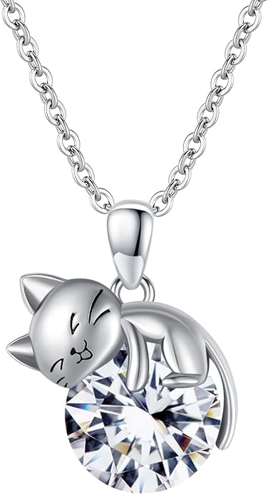 LONAGO Cat Necklace with Birthstone 925 Sterling Silver Cat Pendant Necklace Gift for Women