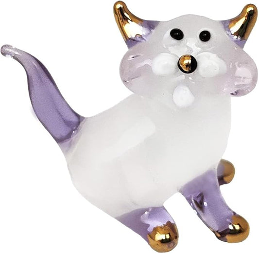 Tiny 1½" White Purple Sitting Look Right Cat Figurine Miniature Hand Blown Glass Cats Kitten Feline Animals Cute Colorful Crystal Decorative Collectible Figurines Décor Gifts