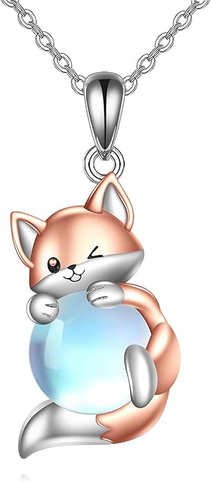 LUHE Axolotl/Cat/Fox Necklace for Women Sterling Silver Axolotl/Cat/Fox Jewelry Moonstone Pendant Necklace Gifts for Women