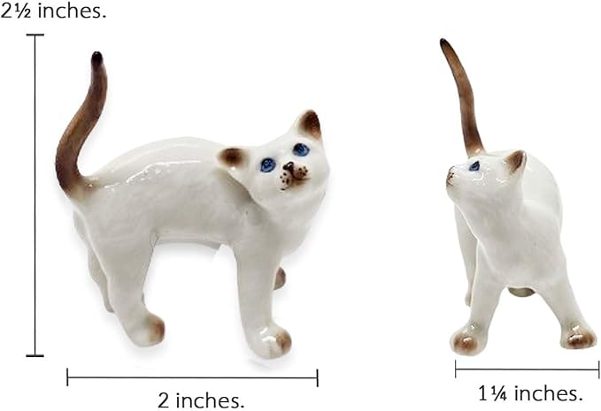 WitnyStore Tiny 2" White Brown Pointed Shorthair Siamese Cat Standing Look Up Figurine - Miniature Hand Made Painted Ceramic Cats Kitten Animal Cute Porcelain Decorative Collectible Figure Décor Gifts