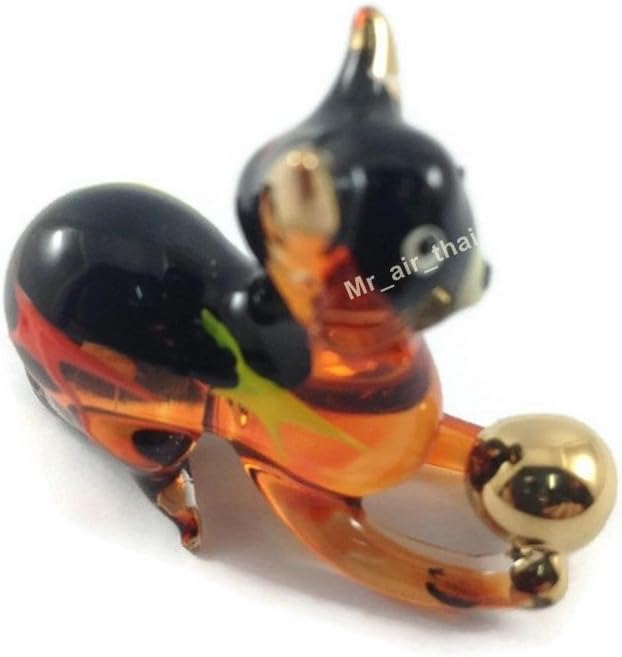 Tiny 2¼" Black Brown Crouching Play Ball Cat Figurine Miniature Hand Blown Painted Glass Cats Kitten Feline Animals Cute Crystal Decorative Collectible Figurines Décor Gifts
