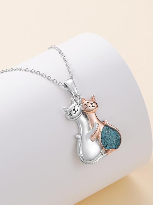 Couple Hug Necklace 925 Sterling Silver Cat/Fox Couples Hugging Turquoise Necklace Couples Jewelry as Valentine's Day Gift for Women