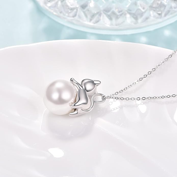 Dreamboat Cat Pearl Necklace for Women - 925 Sterling Silver Kitten Pendant - Cute Animals Jewelry