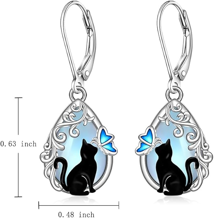Cat Earrings Moonstone Black Cat Earrings for Women Sterling Silver Cute Filigree Cats Butterfly Dangle Drop Earring Jewelry Leverback Halloween Christmas Gifts