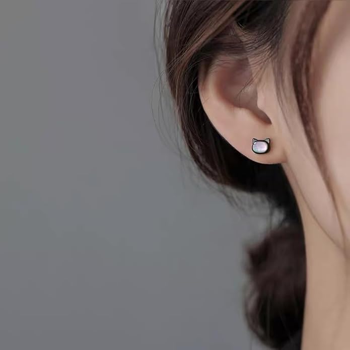 Dainty Shell Pearl Cat Stud Earrings for Women Girls 925 Sterling Silver Hypoallergenic Nickel Free Tiny Small Kitten Animal Studs Cartilage Tragus Post Cute Birthday Halloween Christmas Jewelry Gifts