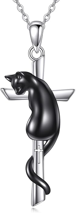 CRMAD Black Cat/Red Panda Cross Necklace for Women Sterling Silver Cross Necklace Animal Jewelry Gift for Women