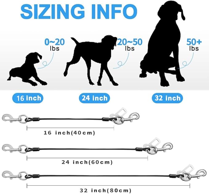 Dog Seat Belt Harness for Car,2pcs Dog Seatbelt of Coated Wire Leash Safety Restraint,No Chew Tether Cable Vehicle Dogs Accessories,Double Clips & Latch (Black, 24 inch/60 CM)