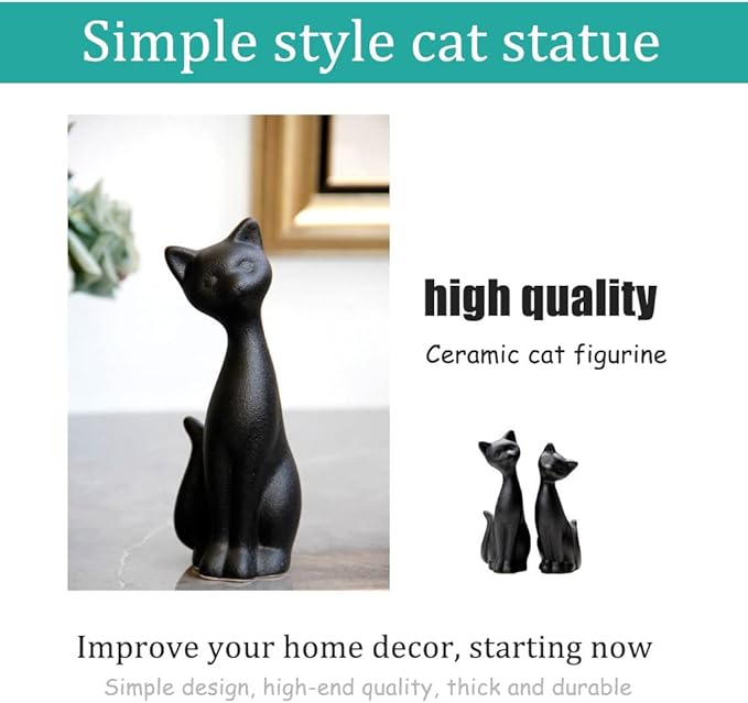 QIANLING 2Pcs Black Cat Statue, Home Decor Mini Cat Figurines, Room Decor Matt Ceramic Small Cat Figurine, Give Cat Figurines for Cat Lovers,Ideal for Interior Decoration Or Couples, Wedding Gifts