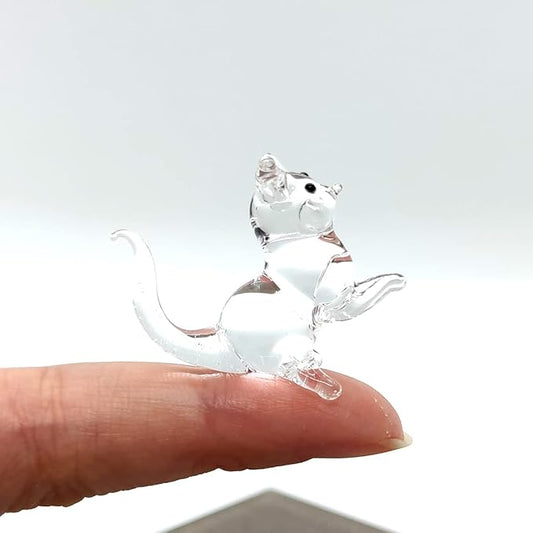 Cat Tiny Micro Figurines Blown Glass Art Animals Hand Painted Collectible Gift Decorate (Clear Stand)