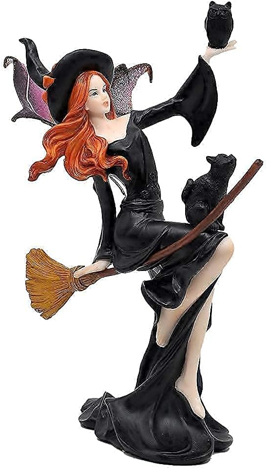 Comfy Hour Fairyland Collection 9-inch Dark Fairy Witch on Magic Broom with Black Cat Figure and 7-inch Black Feather Standing Crow Bird Halloween Decorative Figurine, Polyresin, Bundle of 2