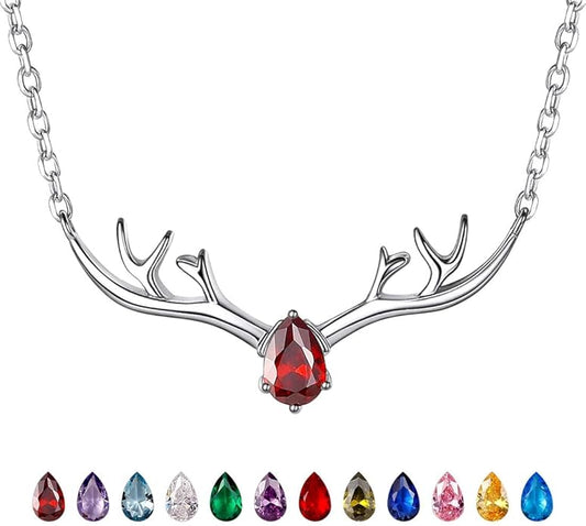 SILVERCUTE Sterling Silver Birthstone Necklaces for Women, Xmas Antler Deer Pendant Necklace with Colorful Cubic Zirconia,16-18 inches
