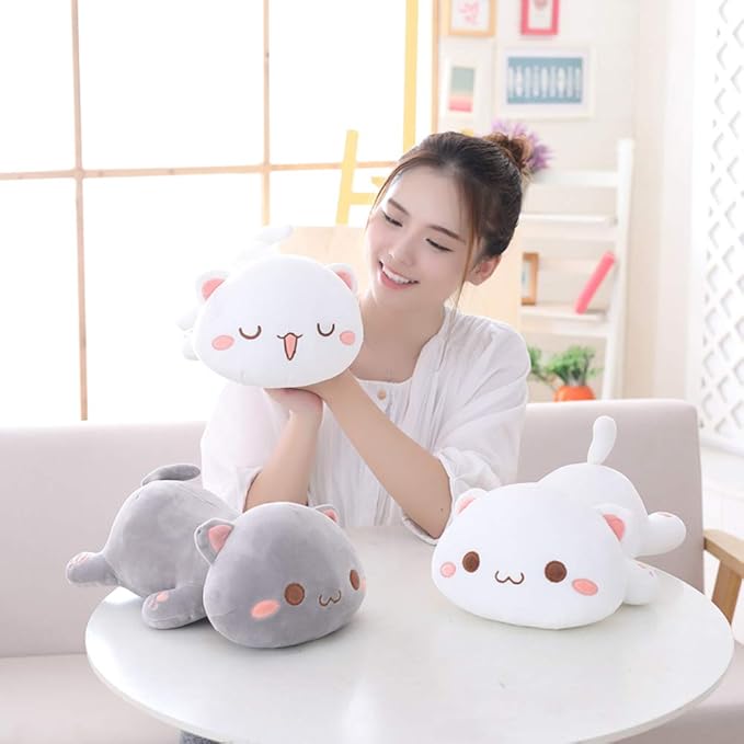 Cat Stuffed Animals, Soft Cat Plush Pillow Kawaii Kitten Stuffed Animal Toy Gifts for Kids (White Round Eyes, 13.7")