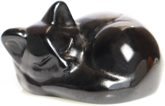 Cat Decor, 1PC Black Obsidian Cat Figurine, Gemsone Sleeping Cat Shaped Stone, Hand Carved Healing Crystal Gift for Cat Lover, Obsidian Sleeping Cat Statue for Home, Rock Collection 1.5''