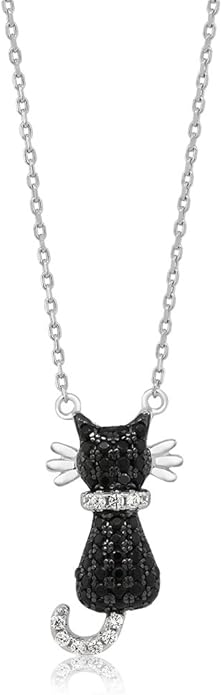 Gem Stone King 925 Sterling Silver Round Zirconia Sitting Black Cat Pendant Necklace For Women with 18 Inch Silver Chain