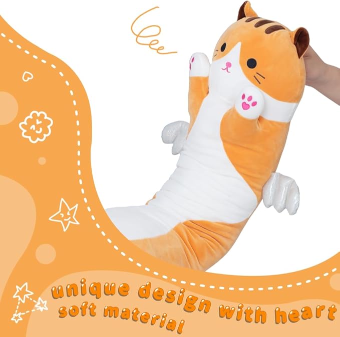 Cute Cat Plush Pillow, Yellow Long Cat Stuffed Animals Soft Long Kitten Plushies Kawaii Cat Stuffed Plush Toy for Kids Girlfriend(70cm/27.5inch)
