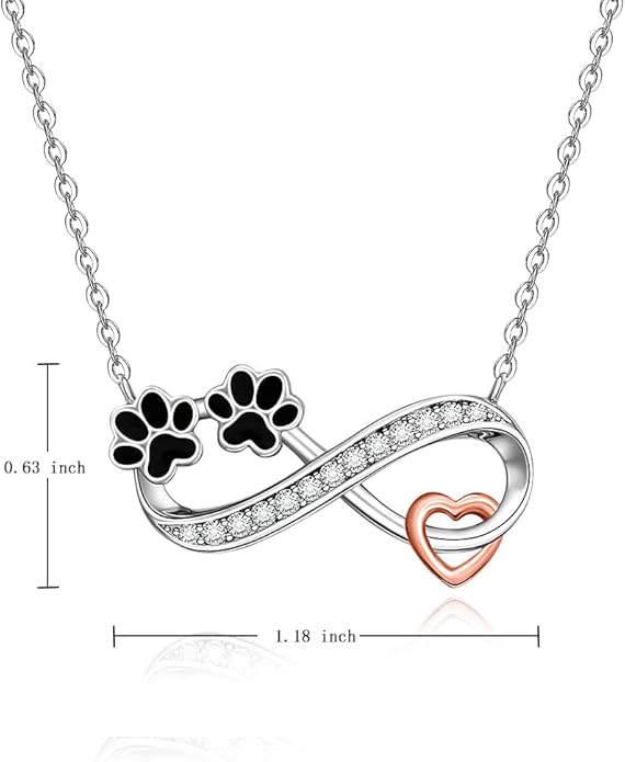 Dog Cat Paw Print Necklace for Women Sterling Silver Infinity Necklaces Memorial Gifts Black Puppy Paw Heart Crystal Pendant