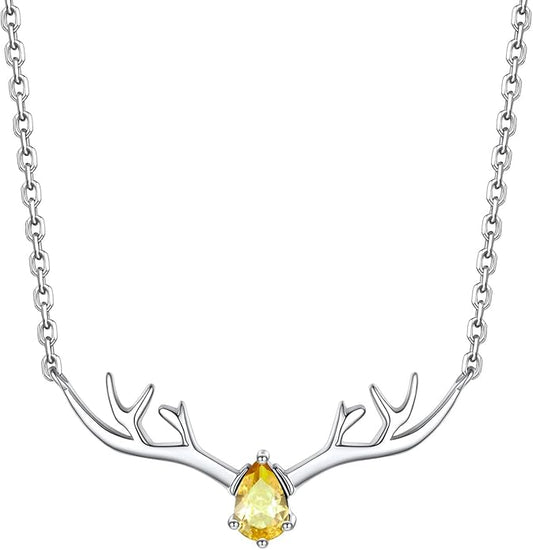 Silvora 925 Sterling Silver Deer Antler Necklace, Antler Deer Jewelry Antler Pendant Choker Birthstone Necklace Christmas Jewelry for Women